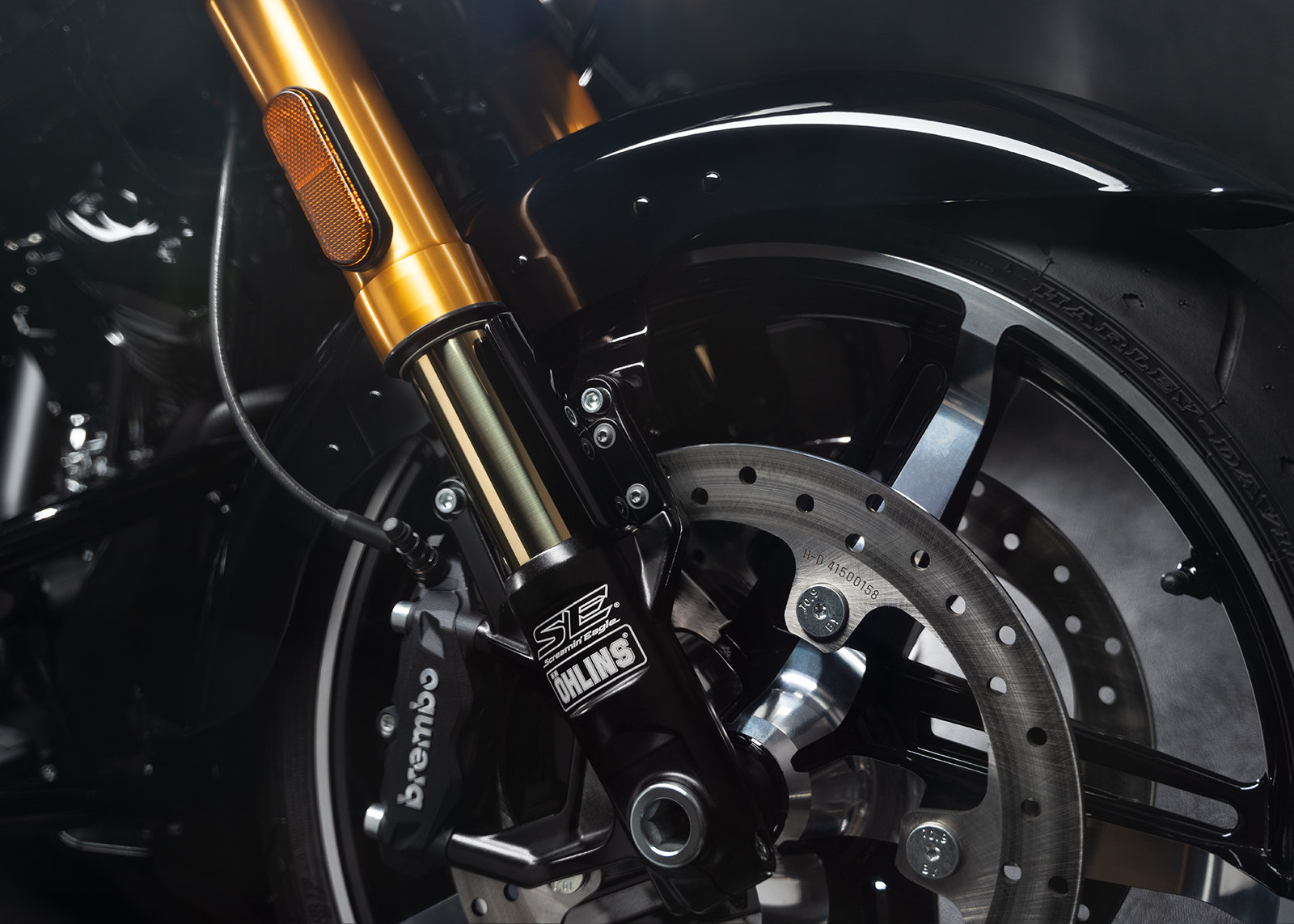 Screamin' Eagle Ohlins front forks and Brembo front brakes